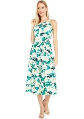 Vince Camuto Printed Crepe De Chine Halter Neck Wide Inset Waistband Midi