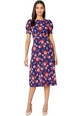 Vince Camuto Printed Pebble Crepe Puff Sleeve Curved Waist Midi Dress with Back Neck Tie