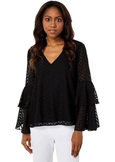 Vince Camuto Tiered Bell Sleeve Chevron Burnout V-Neck Blouse