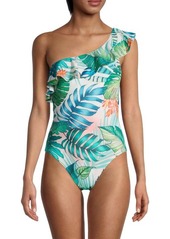 Vince Camuto Tropical Ruffle One-Shoulder Swimsuit