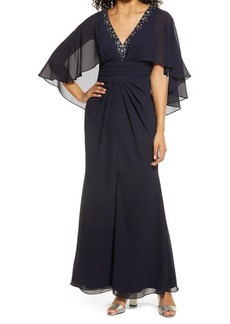 Vince Camuto Beaded Neckline Capelet Gown in Navy at Nordstrom