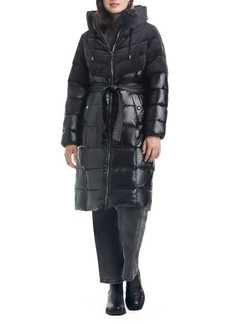 Vince Camuto Belted Mixed Media Hooded Puffer Coat
