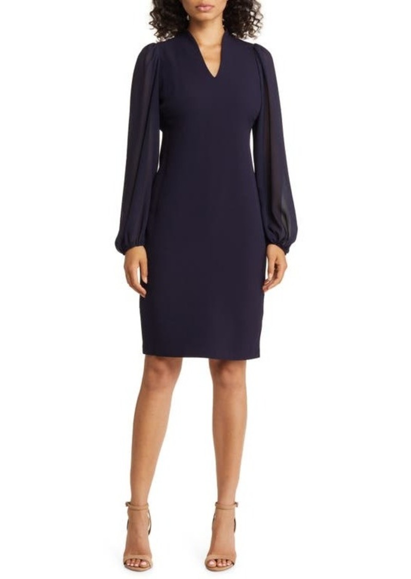 Vince Camuto V-Neck Long Chiffon Sleeve Crepe Sheath Dress