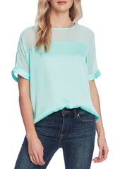 Vince Camuto Chiffon Yoke Charmeuse Top in Aqua Ice at Nordstrom
