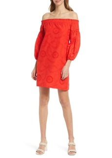 Vince Camuto Cotton Eyelet Off the Shoulder Long Sleeve Shift Dress in Tangerine at Nordstrom