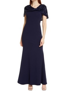 Vince Camuto Crepe Trumpet Gown with Attached Sequin Shawl in Navy at Nordstrom