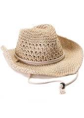Vince Camuto Crochet Straw Cowboy Hat with Chin Strap - Light Natural