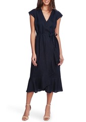 Vince Camuto Faux Wrap Ruffle Midi Dress in Dark Navy at Nordstrom