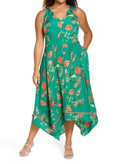Vince Camuto Floral Handkerchief Hem Sleeveless Midi Dress (Plus Size)