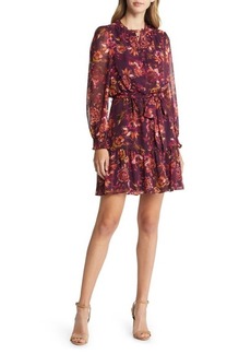 Vince Camuto Floral Long Sleeve Chiffon Fit and Flare Dress in Wine at Nordstrom