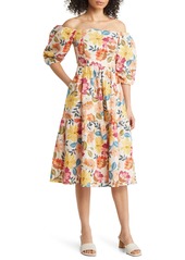 Vince Camuto Floral Off the Shoulder Stretch Cotton Midi Dress in Ivory Multi at Nordstrom Rack