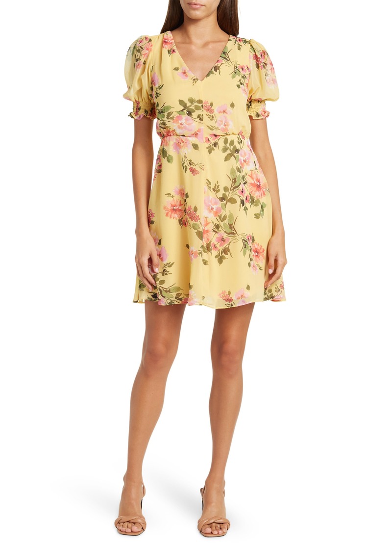 Vince Camuto Floral Print Puff Sleeve Chiffon Minidress in Yellow Multi at Nordstrom Rack