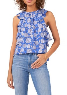 Vince Camuto Floral Ruffle Edge Sleeveless Blouse in Deep Blue at Nordstrom