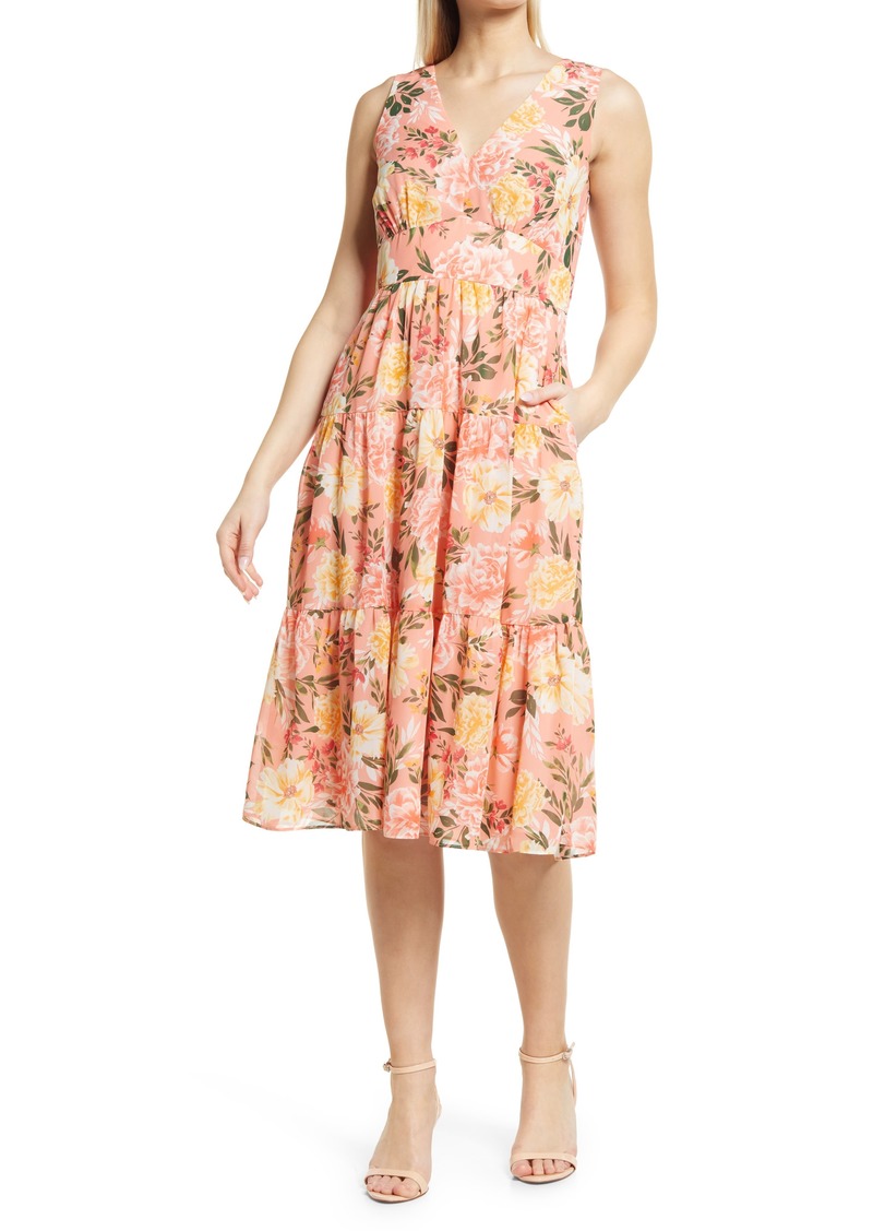 Vince Camuto Floral Sleeveless Tiered Ruffle Midi Dress in Blush at Nordstrom Rack