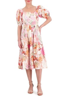 Vince Camuto Floral Square Neck Puff Sleeve Cotton Midi Dress