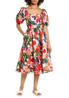 Vince Camuto Floral Stretch Cotton Midi Dress in Tangerine at Nordstrom