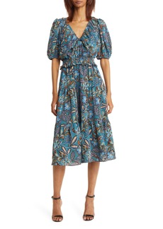 Vince Camuto Floral Tiered Pebble Crepe Midi Dress in Peacock at Nordstrom Rack