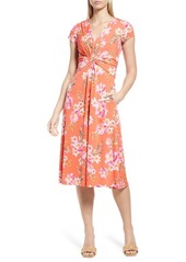 Vince Camuto Floral Twist Front Midi Dress in Tangerine at Nordstrom