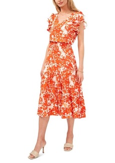 Vince Camuto Leaf Print Flutter Sleeve Dress in Blaze Orange at Nordstrom