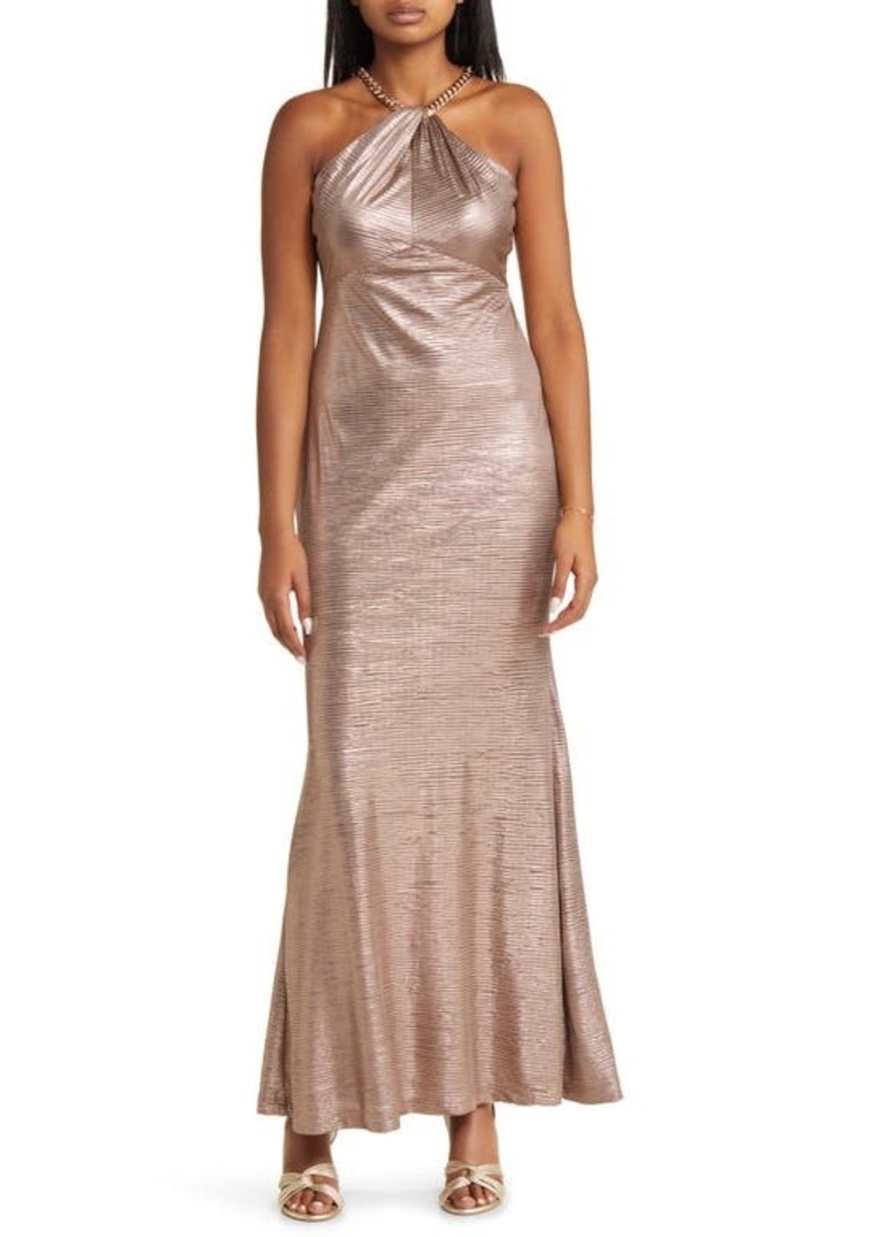 Vince Camuto Metallic Embellished Twist Neck Gown