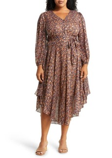 Vince Camuto Metallic Print Long Sleeve Handkerchief Hem Maxi Dress in Classic Navy at Nordstrom