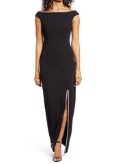 Vince Camuto Off the Shoulder Rhinestone Slit Scuba Crepe Gown in Black at Nordstrom