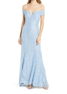 Vince Camuto Off the Shoulder Sequin Lace Gown in Sky at Nordstrom