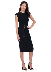 Vince Camuto Petite Round-Neck Belted Short-Sleeve Dress - Black