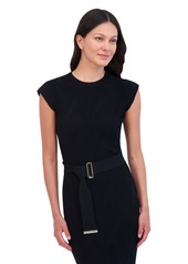 Vince Camuto Petite Round-Neck Belted Short-Sleeve Dress - Black