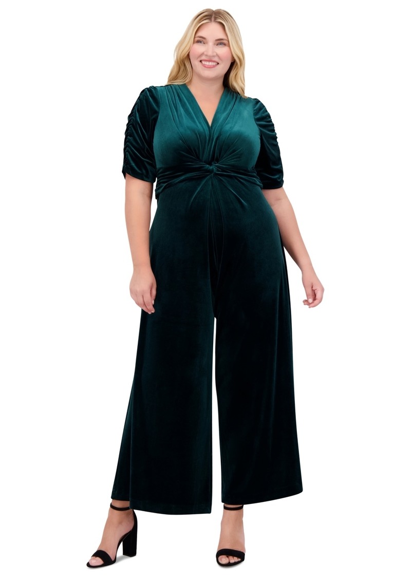 Vince Camuto Plus Size Cat V-Neck Twist-Detail Velvet Jumpsuit - Hunter