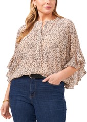Vince Camuto Plus Size Cheetah Print Flutter-Sleeve Pintucked Henley Blouse - Lt Camel Multi