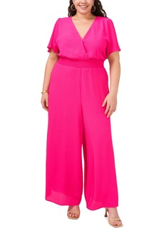 Vince Camuto Plus Size Flutter Sleeve Smocked Waist Jumpsuit - Hot Pink
