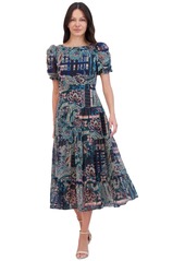 Vince Camuto Plus Size Mixed-Print Puffed-Sleeve Maxi Dress - Hunter