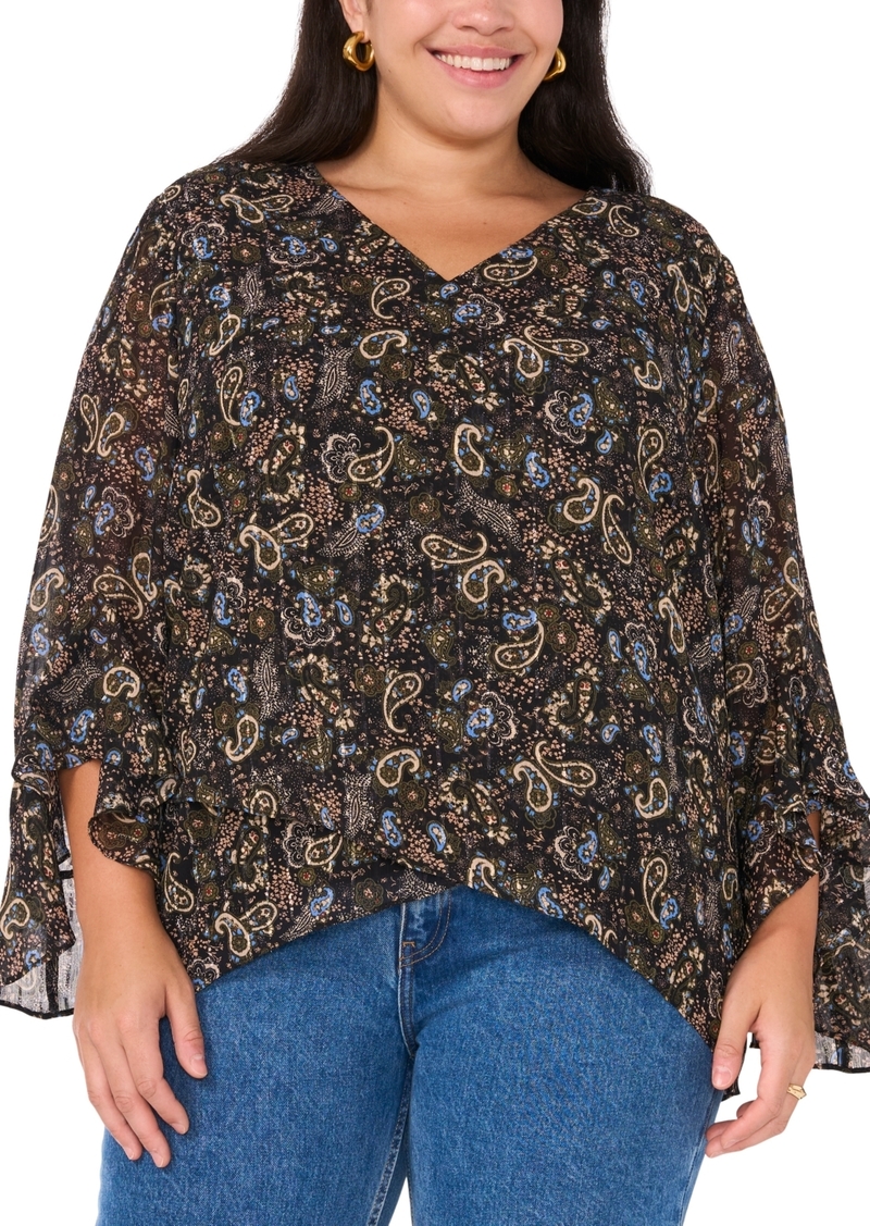 Vince Camuto Plus Size Paisley-Print Crossover-Hem Top - Rich Black