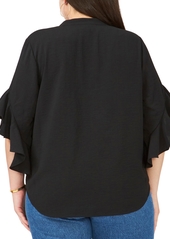 Vince Camuto Plus Size Pintuck Flutter 3/4-Sleeve Henley Blouse - Rich Black