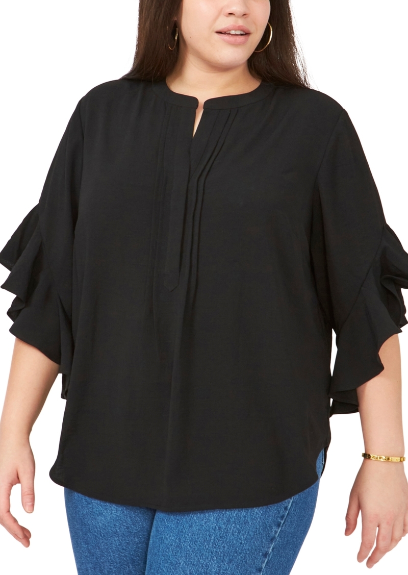 Vince Camuto Plus Size Pintuck Flutter 3/4-Sleeve Henley Blouse - Rich Black