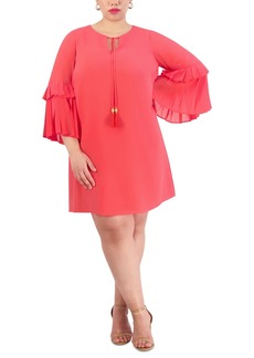 Vince Camuto Plus Size Pleated-Sleeve Tie-Neck Shift Dress - Hot Coral