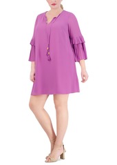 Vince Camuto Plus Size Pleated-Sleeve Tie-Neck Shift Dress - Violet