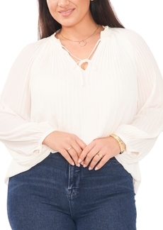 Vince Camuto Plus Size Pleated Tie-Neck Long-Sleeve Top - New Ivory