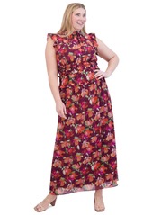 Vince Camuto Plus Size Printed Chiffon Ruffle Maxi Dress - Wine