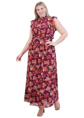 Vince Camuto Plus Size Printed Chiffon Ruffle Maxi Dress - Wine