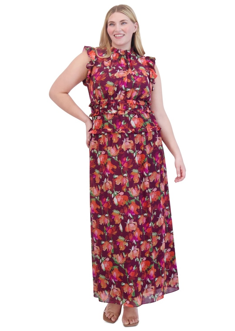 Vince Camuto Plus Size Printed Chiffon Ruffle Maxi Dress - Wine