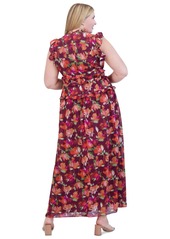 Vince Camuto Plus Size Printed Chiffon Ruffle Maxi Dress - Wine