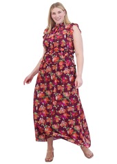 Vince Camuto Plus Size Printed Chiffon Ruffle Maxi Dress - Wine