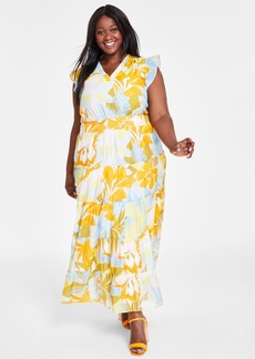 Vince Camuto Plus Size Printed Flutter-Sleeve Tiered Maxi Dress - Airy Blue