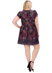 Vince Camuto Plus Size Printed Jacquard Puff-Sleeve Dress - Wine