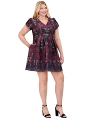 Vince Camuto Plus Size Printed Jacquard Puff-Sleeve Dress - Wine