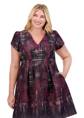 Vince Camuto Plus Size Printed Jacquard Puff-Sleeve Dress - Wine