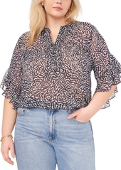 Vince Camuto Plus Size Printed Pintuck Flutter 3/4-Sleeve Henley Blouse - Classic Navy