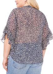 Vince Camuto Plus Size Printed Pintuck Flutter 3/4-Sleeve Henley Blouse - Classic Navy